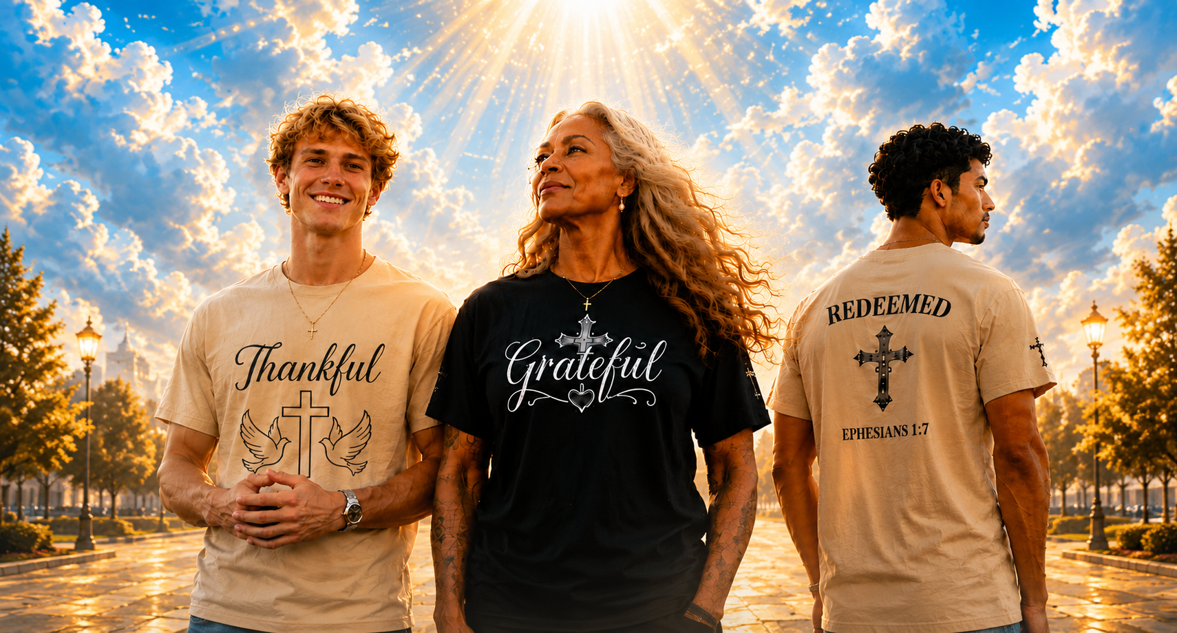 Faith and Style models wearing faith-inspired shirts at sunset